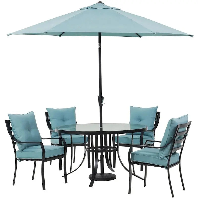 Hanover Lavallette 5-Piece Dining Ensemble — Ocean Blue Chairs, 52-Inch Round Glass Table, Umbrella & Base