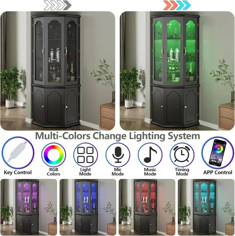 Modern Corner Wine Storage Cabinet – Tall LED-Lit Design for Home Bars and Dedicated Cellars