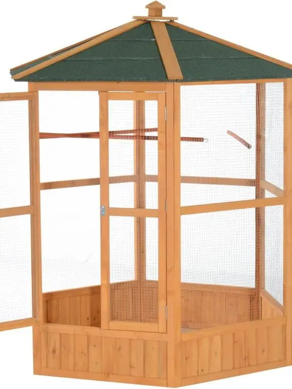 Hexagonal Wooden Outdoor Aviary Bird Cage with Covered Roof – Large