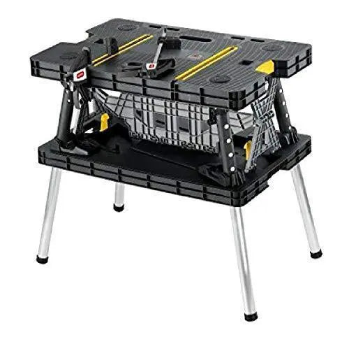 Keter Folding Miter Saw Stand – 12-Inch Woodworking Workbench with Clamps, Black/Yellow
