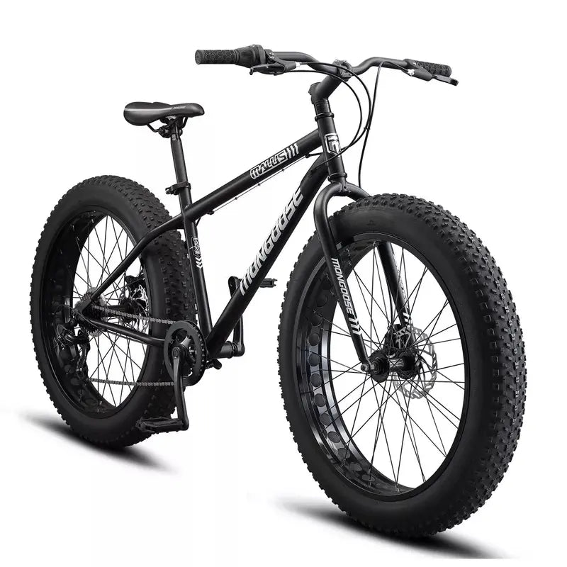 Mongoose Malus 26″ 7-Speed Fat Tire Mountain Bike with Disc Brakes – Black, Adult
