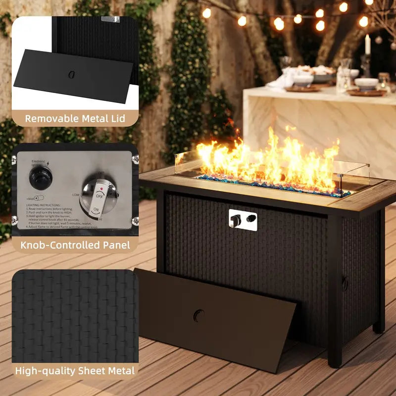 Walsunny 45-Inch Propane Fire Pit Table – 50,000 BTU Rattan Patio Table with Lid, Lava Rock & Wind Guard