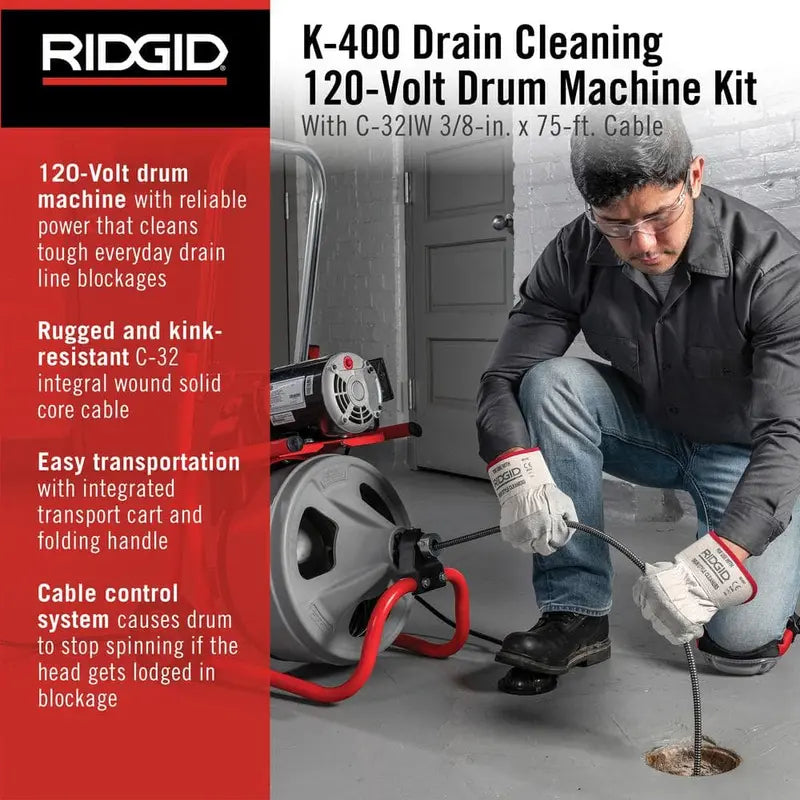 K-400 Drain Auger – 120V Electric Snake with 75-Foot Cable, C-32IW Drum Machine & 4-Piece Tool Kit