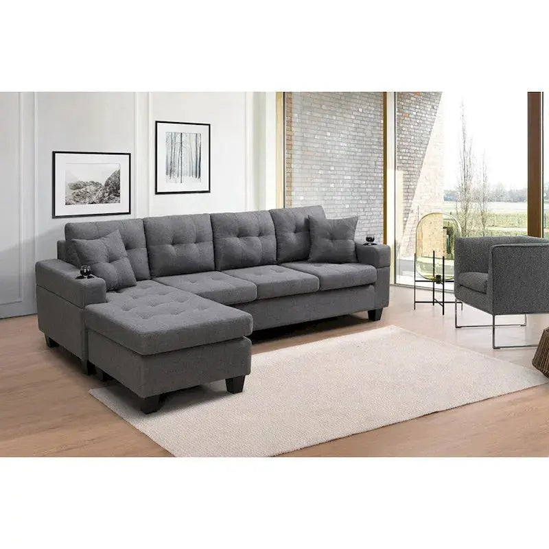 L-Shaped Sectional Sofa with Chaise Lounge – Living Room Set Featuring Built-in Cup Holders