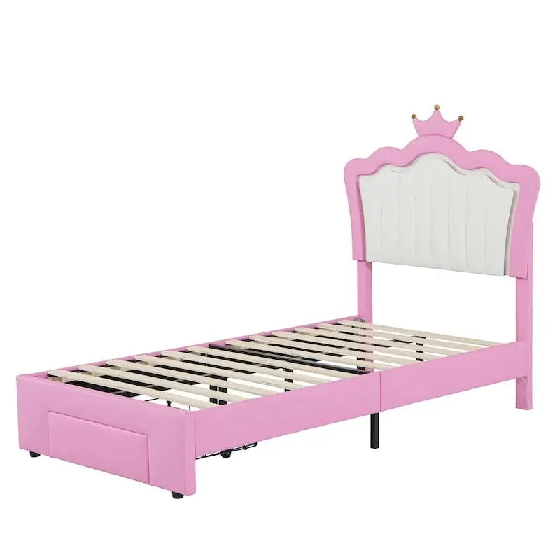 Twin Upholstered Platform Bed with Crown Headboard, Soft LED Accent Lighting, and Storage Drawer  Pink & White Design