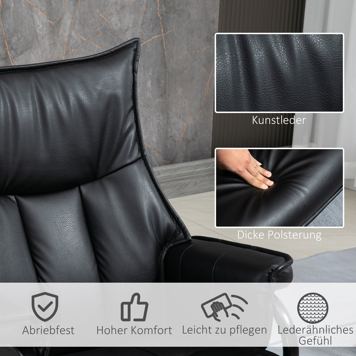 HOMCOM Relaxsessel mit Hocker, drehbar, neigbare Rückenlehne, Stahlrahmen, schwarz