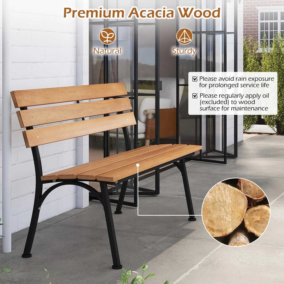 Tangkula Acacia Wood Outdoor Bench with Backrest for Outside Front Porch