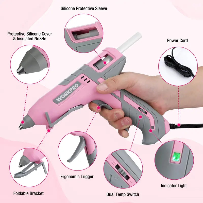WORKPRO Full-Size Hot Glue Gun with 10 Glue Sticks – Pink Ribbon Edition