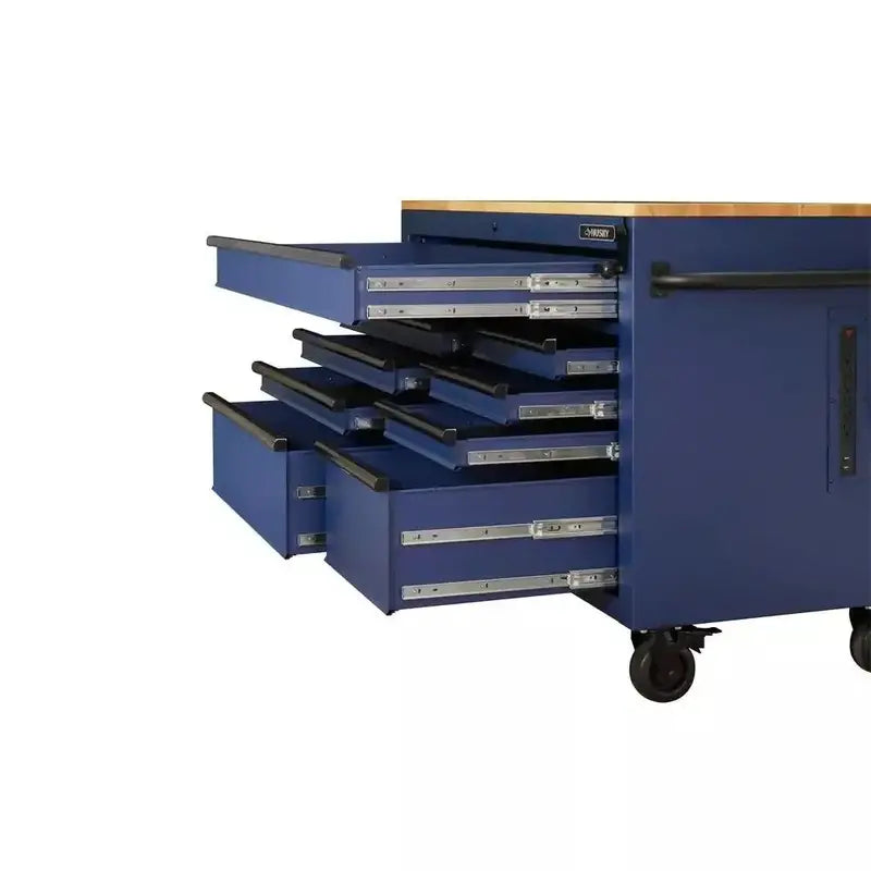 Industrial-Grade 52-Inch 9-Drawer Rolling Workbench with Solid Wood Top and Matte Blue Finish