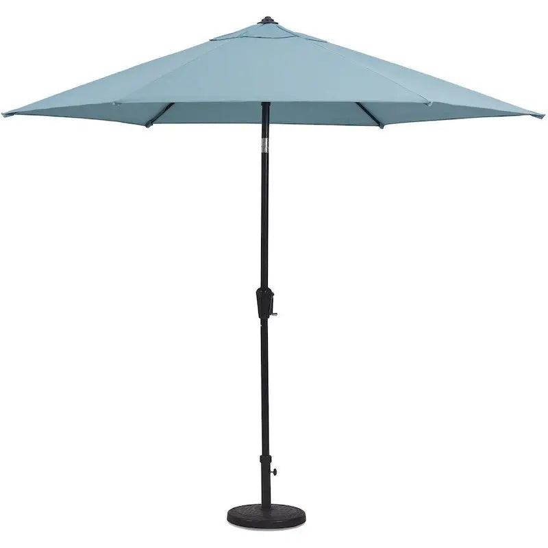 Hanover Lavallette 5-Piece Dining Ensemble — Ocean Blue Chairs, 52-Inch Round Glass Table, Umbrella & Base