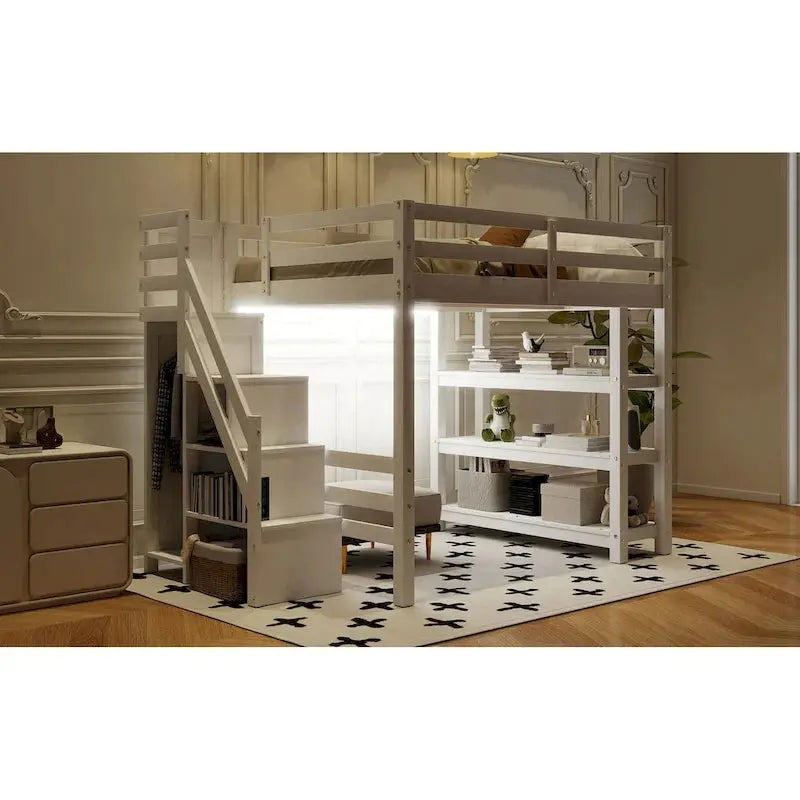 Full/Twin Loft Bed with Integrated Storage Stairs – Includes Shelves, Wardrobe, and LED Lighting for Maximized Small-Space Utility