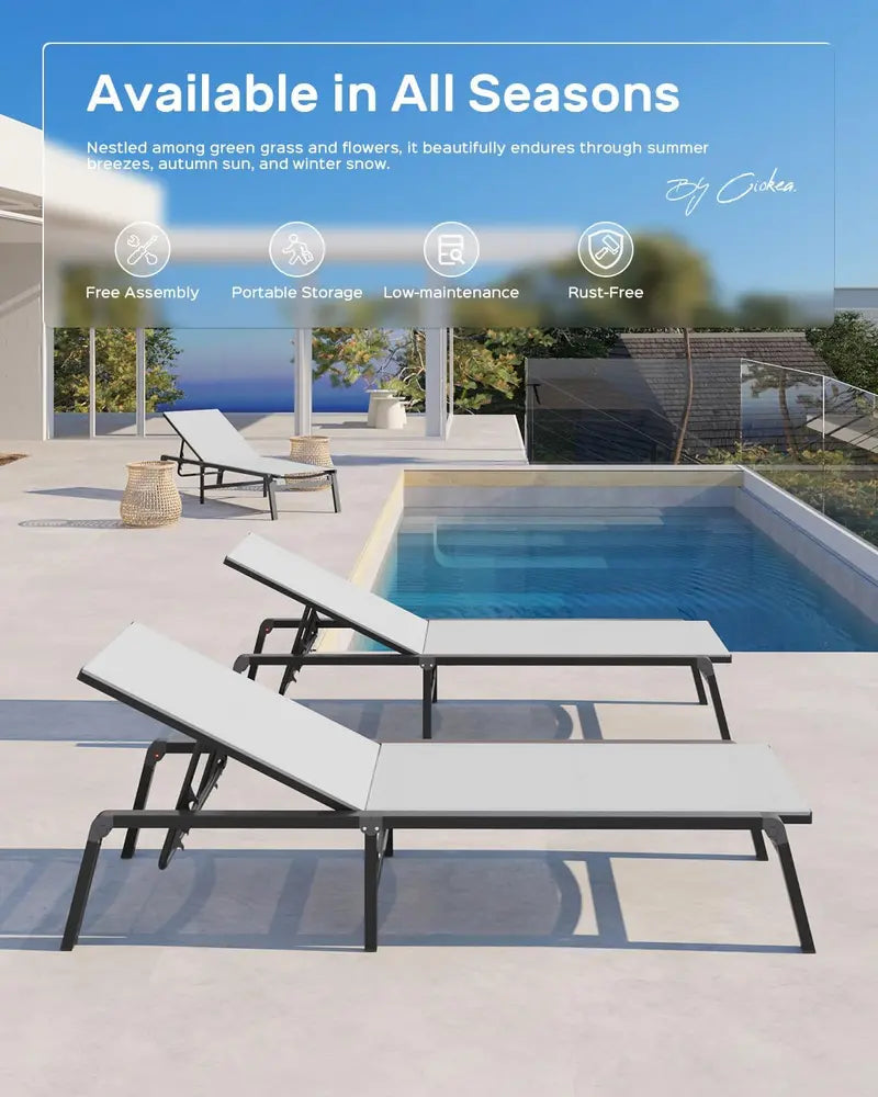 Foldable Aluminum Chaise Lounge – Tool-Free Assembly, 5-Position Adjustable Backrest for Poolside, Beach or Patio, Black