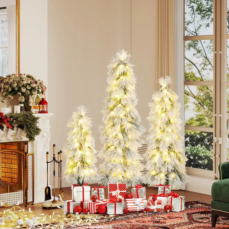 Holiday Tree Trio – Assorted 3', 4', and 5' Snow-Flocked Pre-Lit Christmas Trees