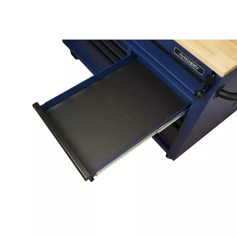 Industrial-Grade 52-Inch 9-Drawer Rolling Workbench with Solid Wood Top and Matte Blue Finish