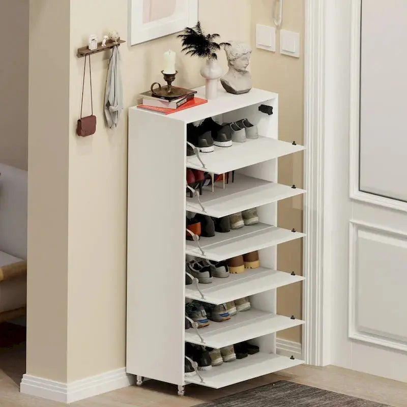 Mirror-Front Shoe Cabinet — 6 Flip-Down Drawers, Metal Frame, Touch-Activated Doors
