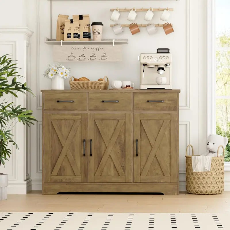 Modern Farmhouse Sideboard Buffet – Barn Door Design with Drawers, Shelves & Coffee Bar Storage