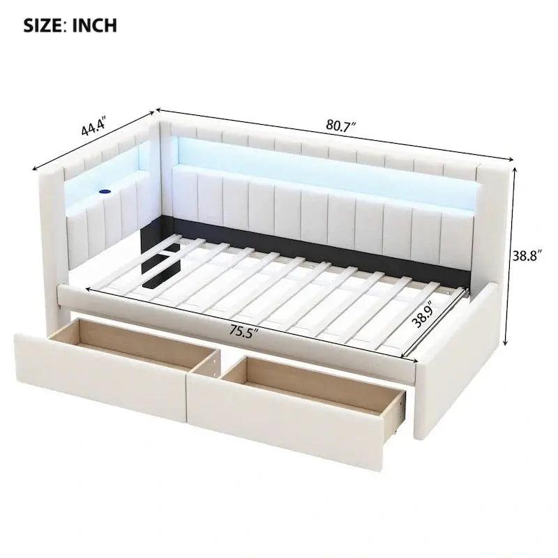 Modern Upholstered Platform Bed Frame – Full or Twin Size with USB Ports, LED Lighting & Dual Storage Drawers