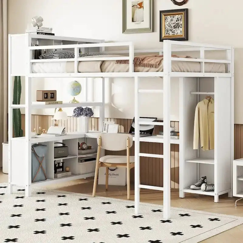 Industrial-Style Loft Bed – Full-Size Metal Frame with Integrated Desk and Wardrobe