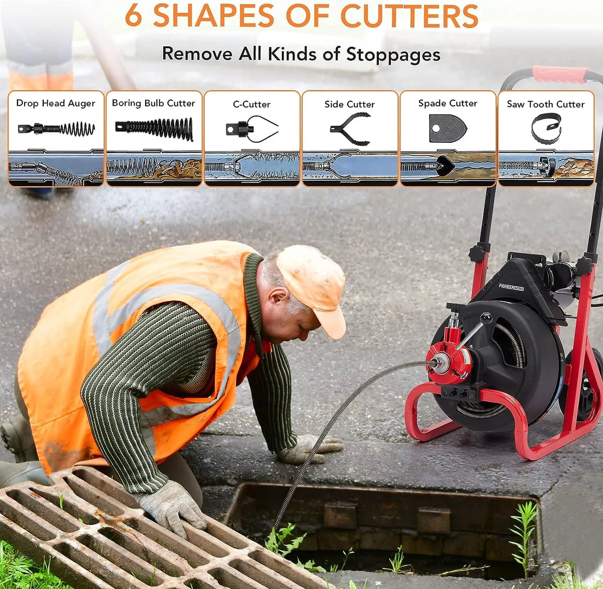 75ft x 1/2 in Drain Cleaner Machine, Auto - Feed Electric Drain Auger Professional for 2 to 4 in Pipes, with 6 Cutters, Glove, Drain Auger Cleaner Sewer Snake