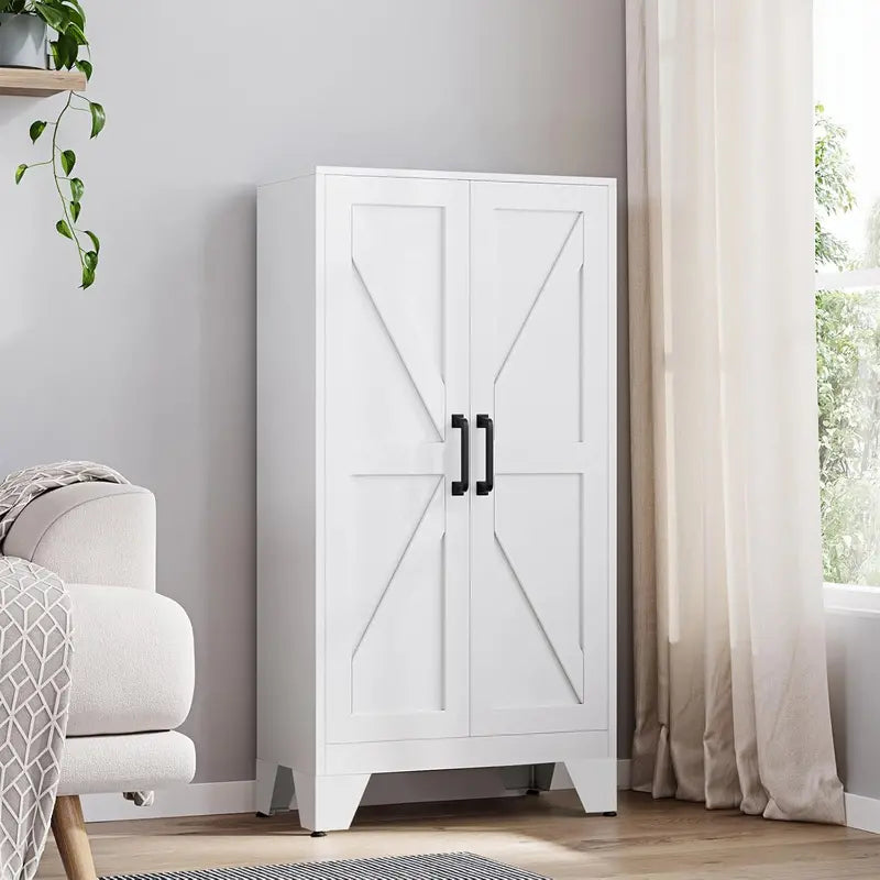 Industrial-Style Metal Storage Cabinet Featuring Two Doors and Four Adjustable Shelves