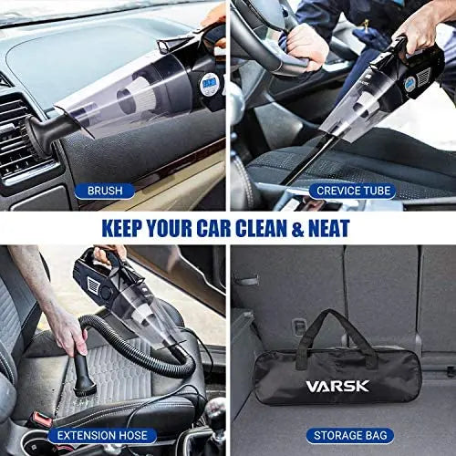 VARSK 4-in-1 Car Vacuum Cleaner & Tire Inflator, 12V Portable Air Compressor with LCD Display & LED Light