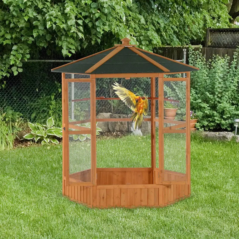 Hexagonal Wooden Outdoor Aviary Bird Cage with Covered Roof – Large
