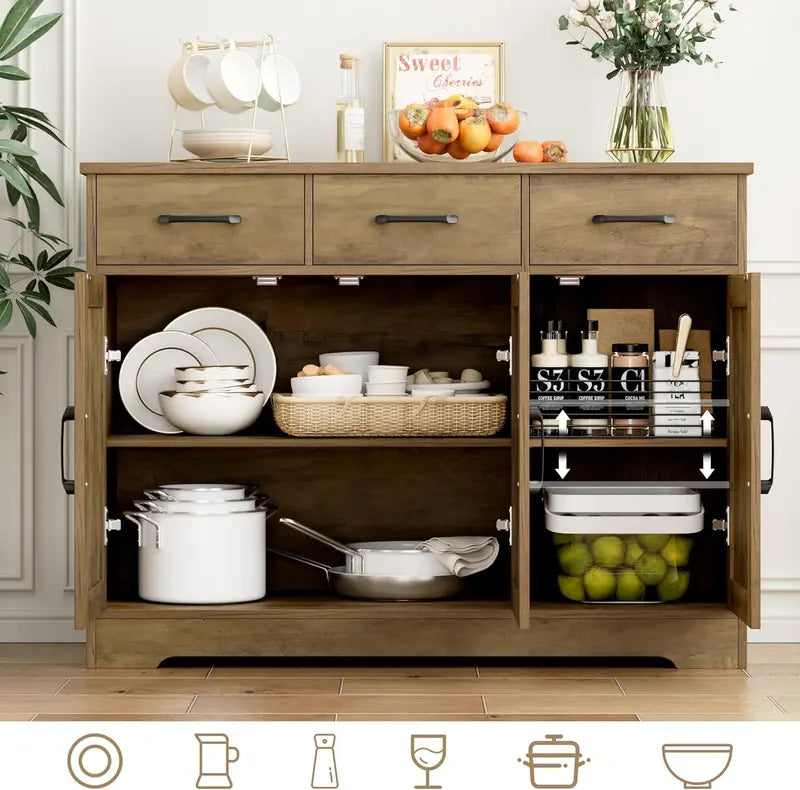 Modern Farmhouse Sideboard Buffet – Barn Door Design with Drawers, Shelves & Coffee Bar Storage