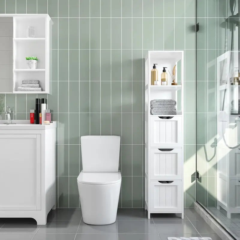 Yaheetech Freestanding Bathroom Floor Cabinet – Two-Drawer White Wooden Organizer with Side Rack & Shelf