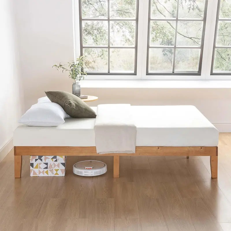 Natural Wood Platform Bed Frame – 12-Inch Solid Hardwood Queen Bed with Slats, No Box Spring Required, Rustic Modern Design