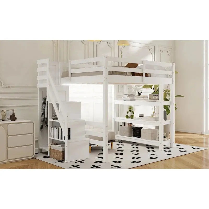 Full/Twin Loft Bed with Integrated Storage Stairs – Includes Shelves, Wardrobe, and LED Lighting for Maximized Small-Space Utility