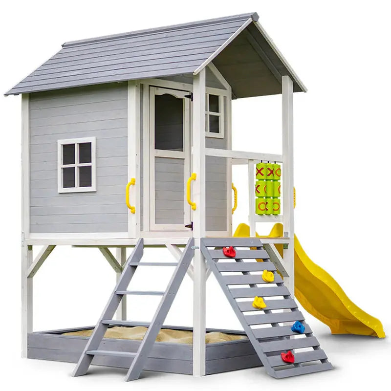 ROVO Wooden Tower Cubby House with Slide, Sandpit, Climbing Wall, and Tic-Tac-Toe Panel