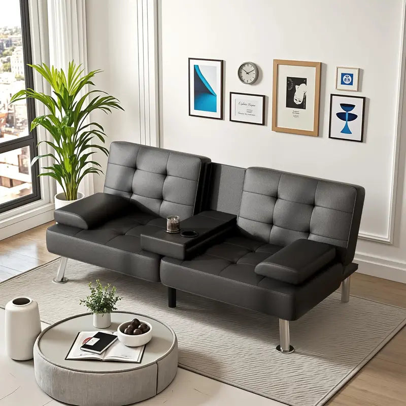 Modern Convertible Futon Sofa Bed with Cup Holders & Removable Armrests – Compact Black Artificial Leather Lounge for Small Living Spaces