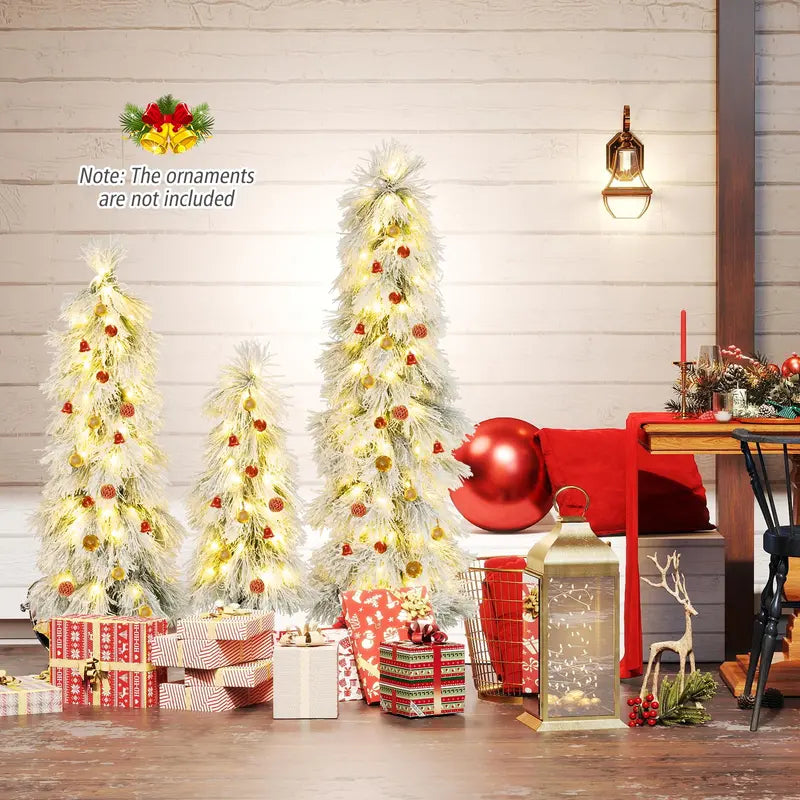 Holiday Tree Trio – Assorted 3', 4', and 5' Snow-Flocked Pre-Lit Christmas Trees