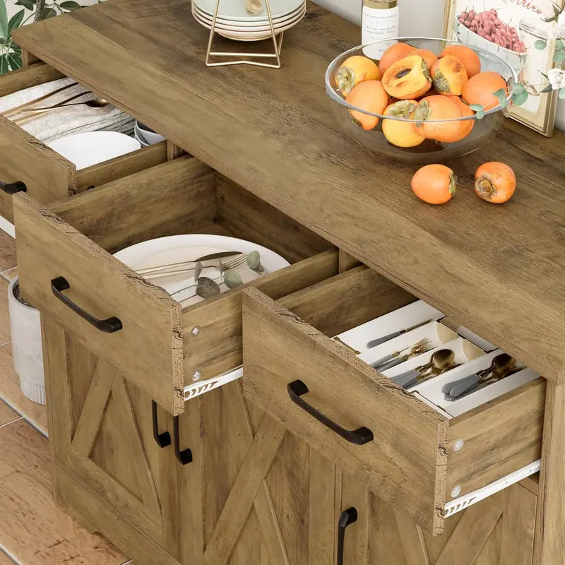 Modern Farmhouse Sideboard Buffet – Barn Door Design with Drawers, Shelves & Coffee Bar Storage