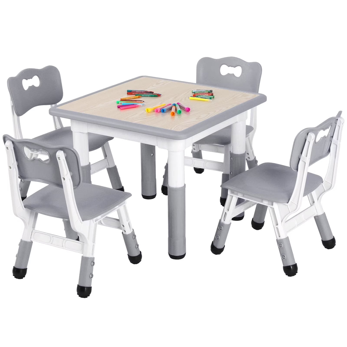 Arlopu 5 Pcs Kids Table and Chairs Set, Height Adjustable, Toddlers Activity Table & 4 Chairs Set for Study, Grey
