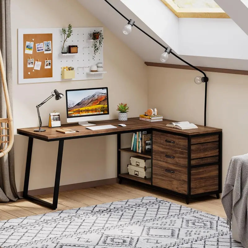 Reversible L-Shaped Industrial Computer Desk – 53-Inch Rustic Brown Home Office Workstation with 3 Drawers and Open Shelving