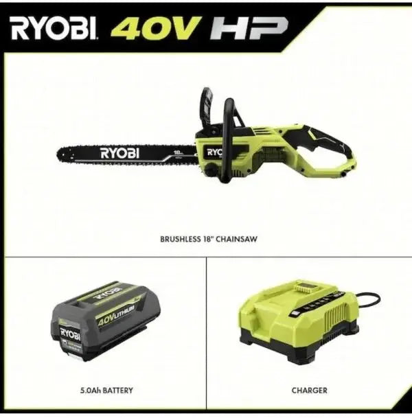 RYOBI 40V Cordless Chainsaw Kit – Includes Battery & Charger, Green Design