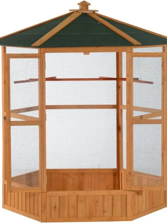 Hexagonal Wooden Outdoor Aviary Bird Cage with Covered Roof – Large