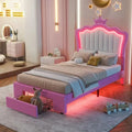 Twin Upholstered Platform Bed with Crown Headboard, Soft LED Accent Lighting, and Storage Drawer  Pink & White Design