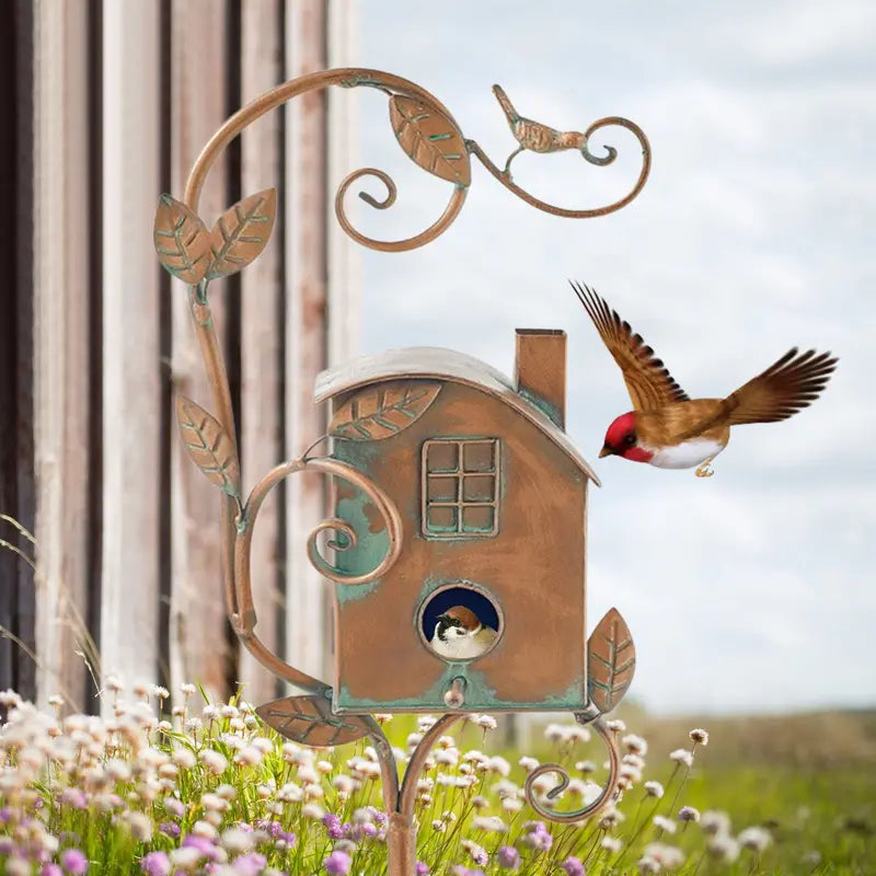 Handcrafted Metal Birdhouse Garden Stake by Talart