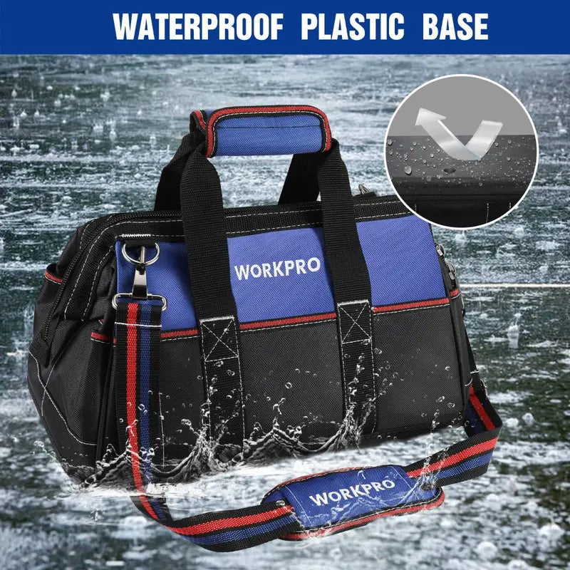 WORKPRO 16-Inch Heavy-Duty Wide-Mouth Tool Bag – Waterproof Molded Base & Adjustable Shoulder Strap