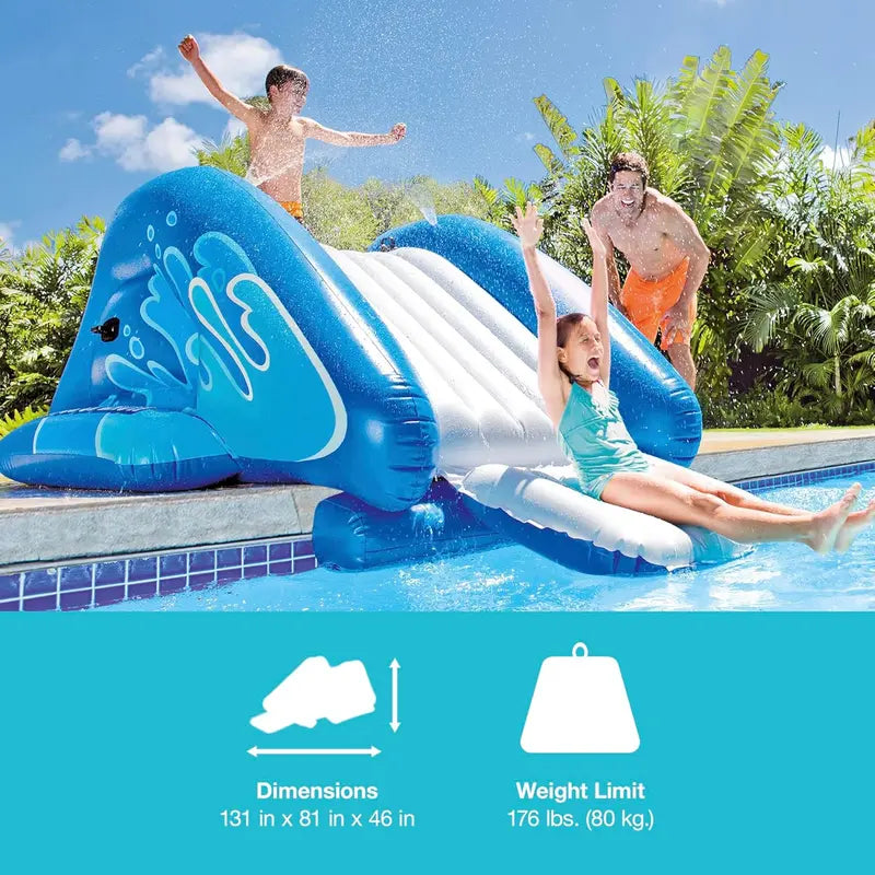 Inflatable Splash Water Slide Pool Playset – Built-In Sprayers, Family-Friendly Design for Ages 6+, Blue Theme