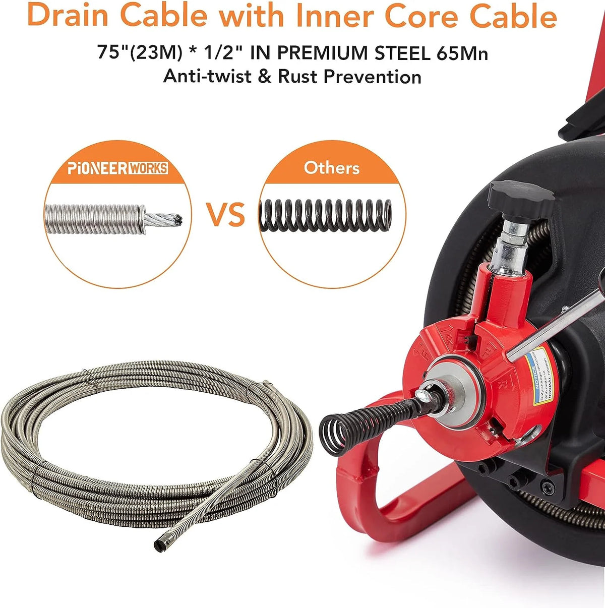 75ft x 1/2 in Drain Cleaner Machine, Auto - Feed Electric Drain Auger Professional for 2 to 4 in Pipes, with 6 Cutters, Glove, Drain Auger Cleaner Sewer Snake