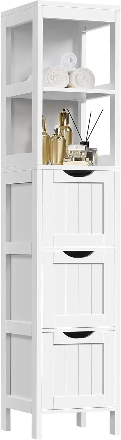 Yaheetech Freestanding Bathroom Floor Cabinet – Two-Drawer White Wooden Organizer with Side Rack & Shelf