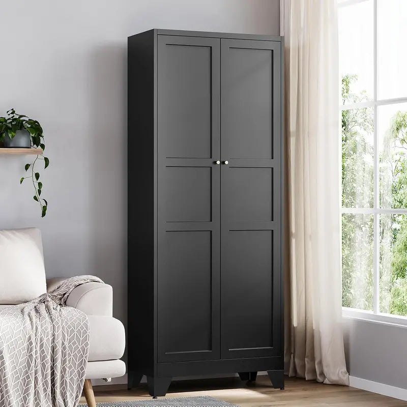 Industrial-Style Metal Storage Cabinet Featuring Two Doors and Four Adjustable Shelves