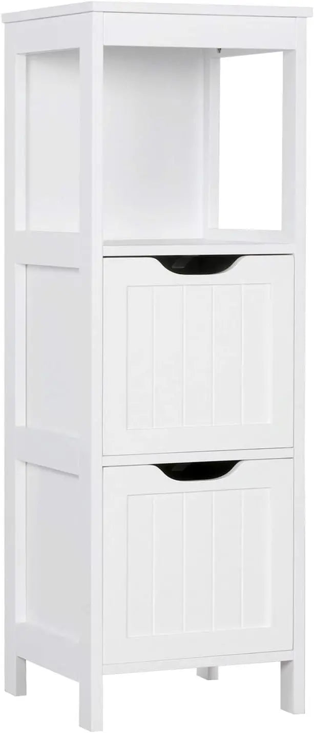 Yaheetech Freestanding Bathroom Floor Cabinet – Two-Drawer White Wooden Organizer with Side Rack & Shelf