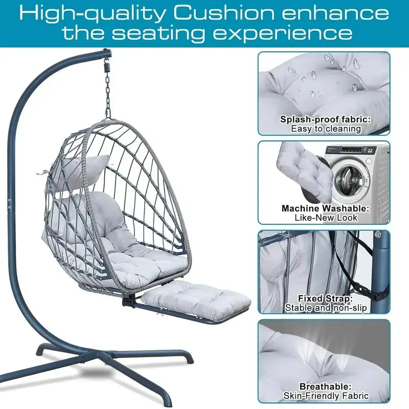 UV-Resistant Hanging Egg Chair with Stand, Leg Rest & Rattan Wicker Design