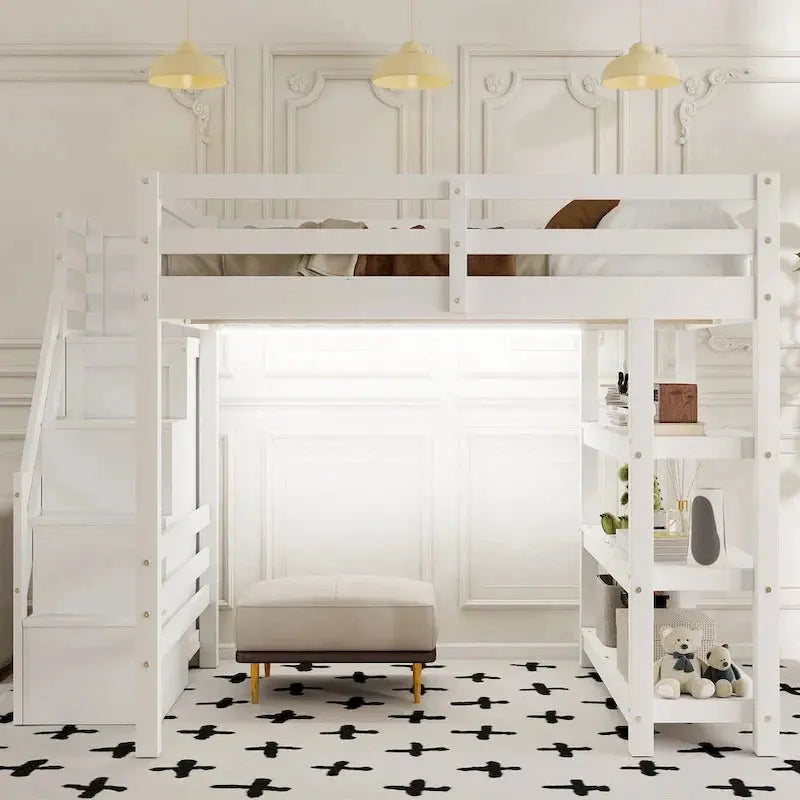 Full/Twin Loft Bed with Integrated Storage Stairs – Includes Shelves, Wardrobe, and LED Lighting for Maximized Small-Space Utility