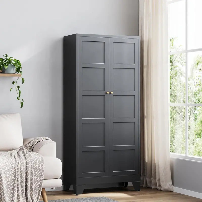 Industrial-Style Metal Storage Cabinet Featuring Two Doors and Four Adjustable Shelves