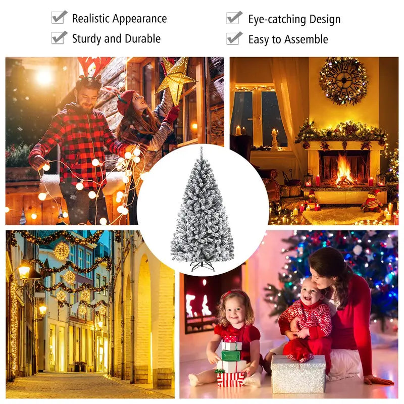 Snow-Flocked Christmas Tree  6ft or 9ft Hinged Pine Style with Realistic Finish